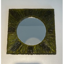 Miroir Carré en Résine Verte à Glace Circulaire — Travail Français, Vers 1970
