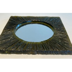 Square Green Resin Mirror with Circular Plate — French Work, Circa 1970