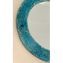 Miroir Rond à Cadre en Verre Concassé Turquoise — Travail Français, Vers 1970