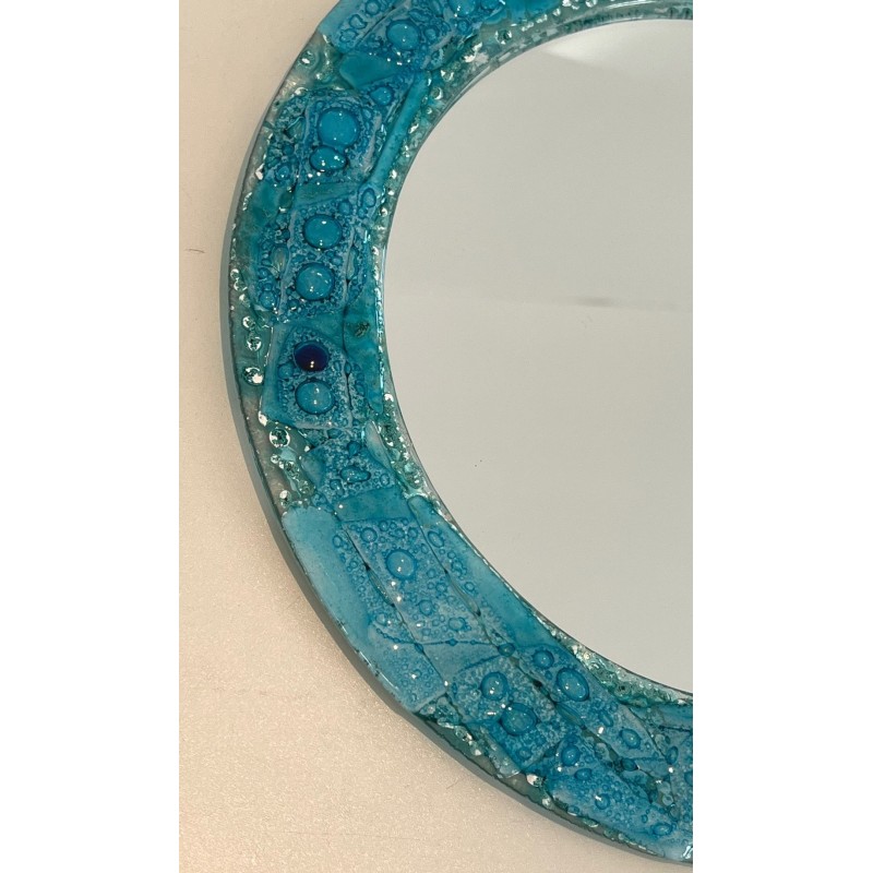 Round Mirror with Crushed Turquoise Glass Frame — French Work, Circa 1970