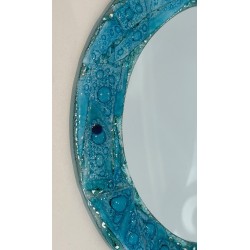 Round Mirror with Crushed Turquoise Glass Frame — French Work, Circa 1970