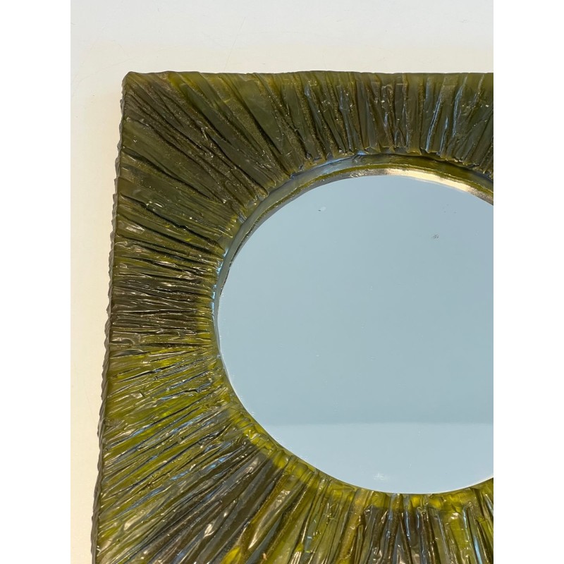 Square Green Resin Mirror with Circular Plate — French Work, Circa 1970