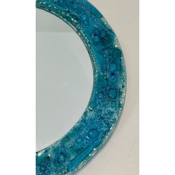 Round Mirror with Crushed Turquoise Glass Frame — French Work, Circa 1970