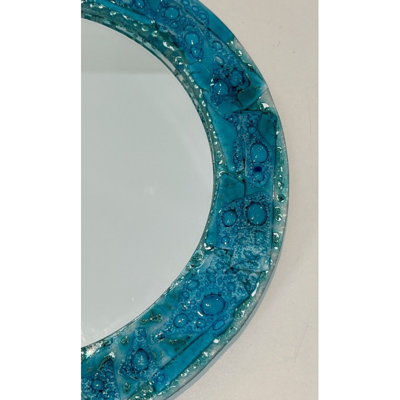 Miroir Rond à Cadre en Verre Concassé Turquoise — Travail Français, Vers 1970