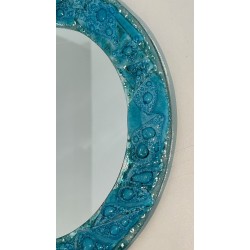 Miroir Rond à Cadre en Verre Concassé Turquoise — Travail Français, Vers 1970