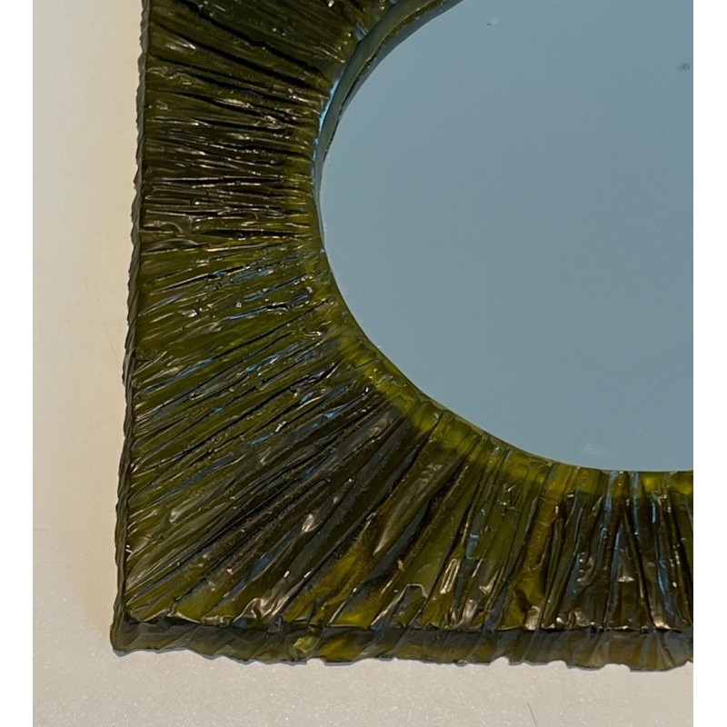 Miroir Carré en Résine Verte à Glace Circulaire — Travail Français, Vers 1970