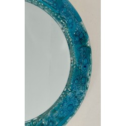 Round Mirror with Crushed Turquoise Glass Frame — French Work, Circa 1970