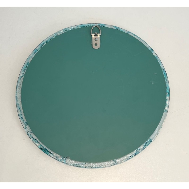 Round Mirror with Crushed Turquoise Glass Frame — French Work, Circa 1970
