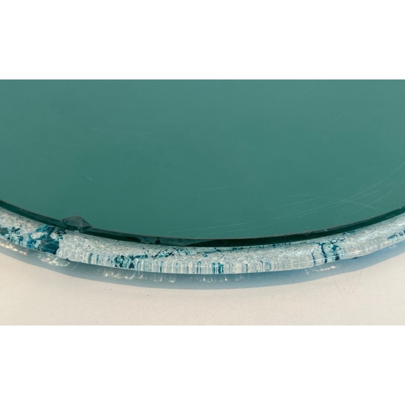 Round Mirror with Crushed Turquoise Glass Frame — French Work, Circa 1970