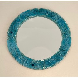 Miroir Rond à Cadre en Verre Concassé Turquoise — Travail Français, Vers 1970