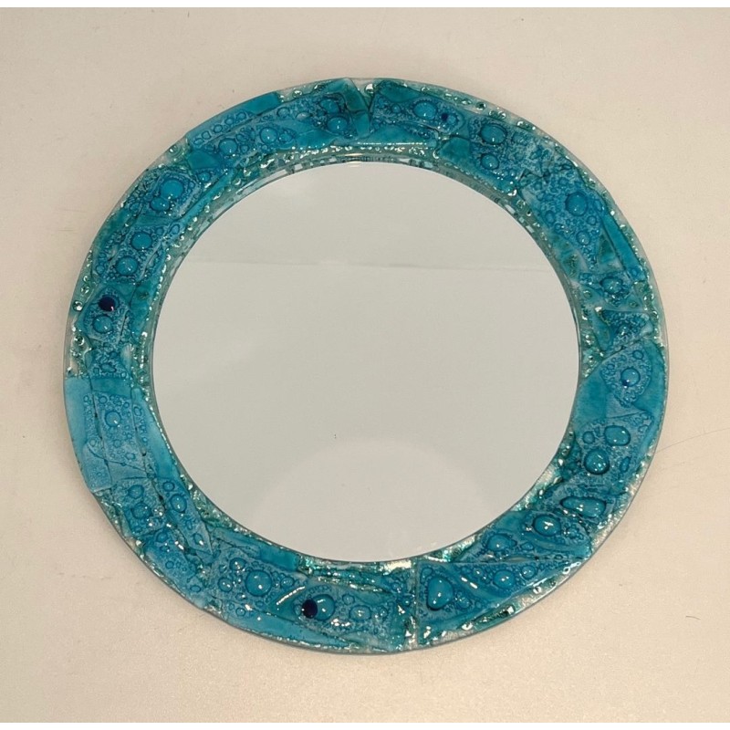 Miroir Rond à Cadre en Verre Concassé Turquoise — Travail Français, Vers 1970