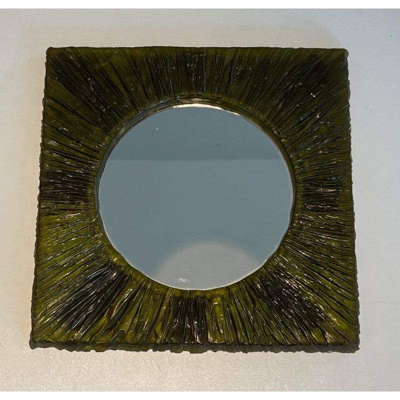 Square Green Resin Mirror with Circular Plate — French Work, Circa 1970