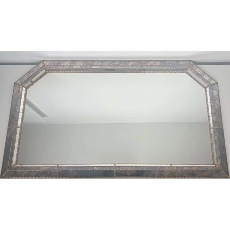 Large Multi-Faceted Mirror with Brass Chain Garland Borders — French Work, Circa 1970