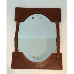 Leather and Brass Mirror Attributed to Jacques Adnet — French Work, Circa 1950