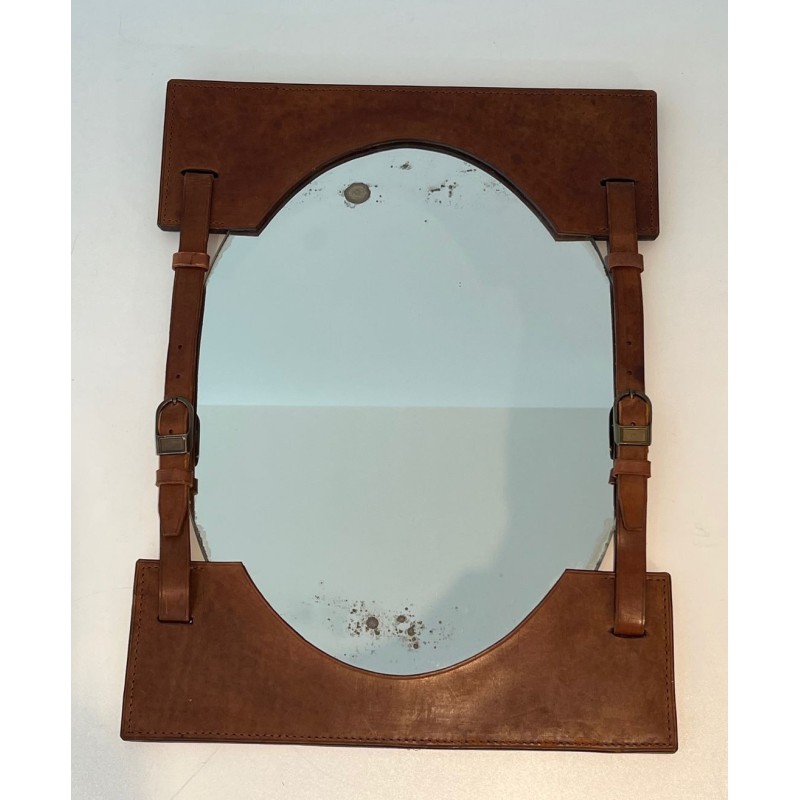 Miroir en Cuir et Laiton Attribué à Jacques Adnet — Travail Français, Vers 1950