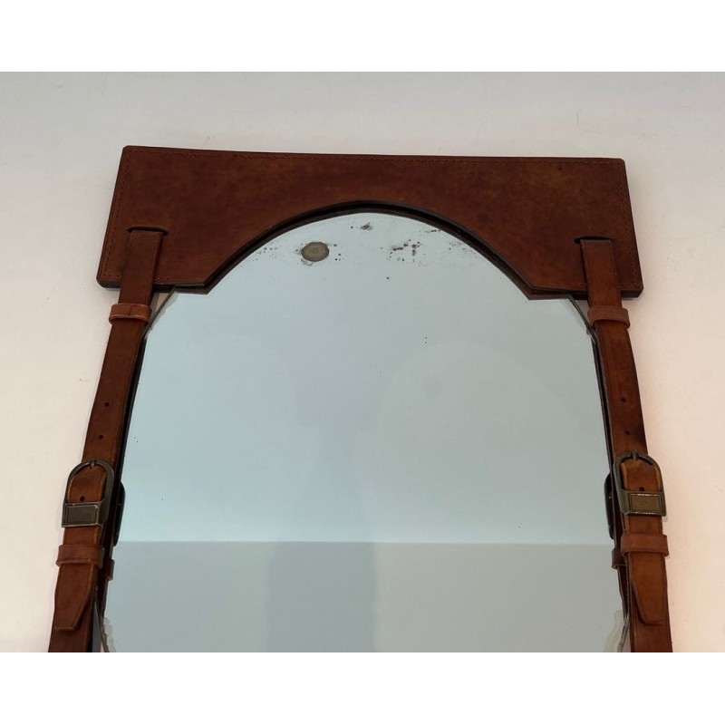 Miroir en Cuir et Laiton Attribué à Jacques Adnet — Travail Français, Vers 1950
