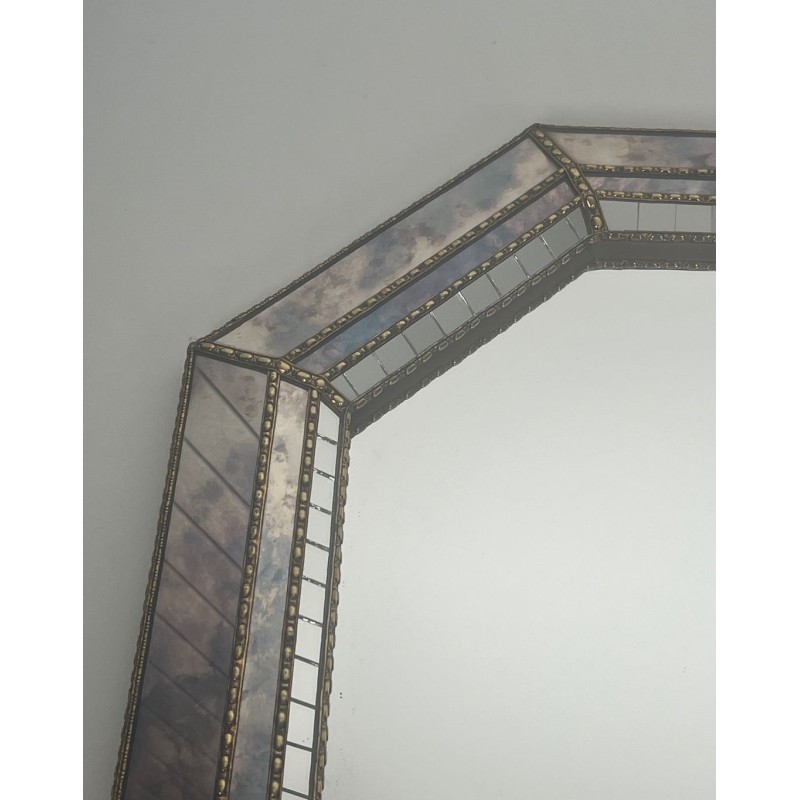 Grand Miroir Multi-Facettes aux Guirlandes de Laiton — Travail Français, Vers 1970