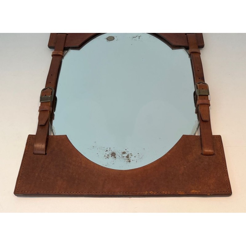 Leather and Brass Mirror Attributed to Jacques Adnet — French Work, Circa 1950