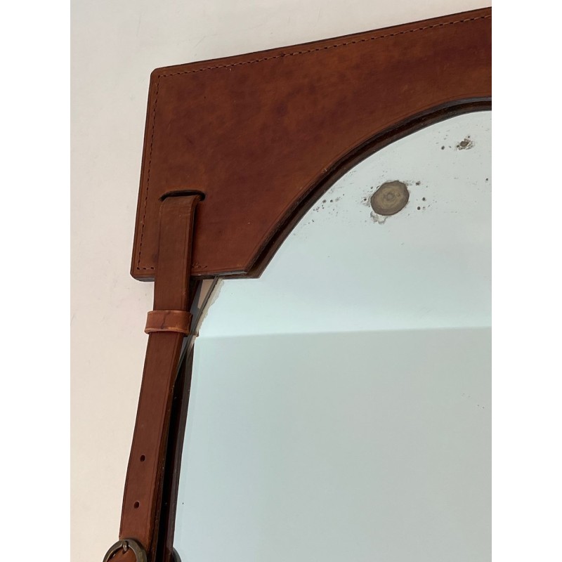 Miroir en Cuir et Laiton Attribué à Jacques Adnet — Travail Français, Vers 1950