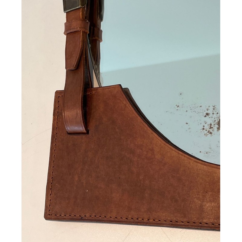 Miroir en Cuir et Laiton Attribué à Jacques Adnet — Travail Français, Vers 1950