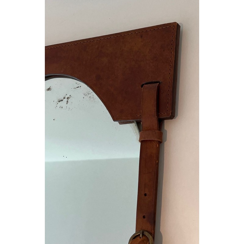 Leather and Brass Mirror Attributed to Jacques Adnet — French Work, Circa 1950