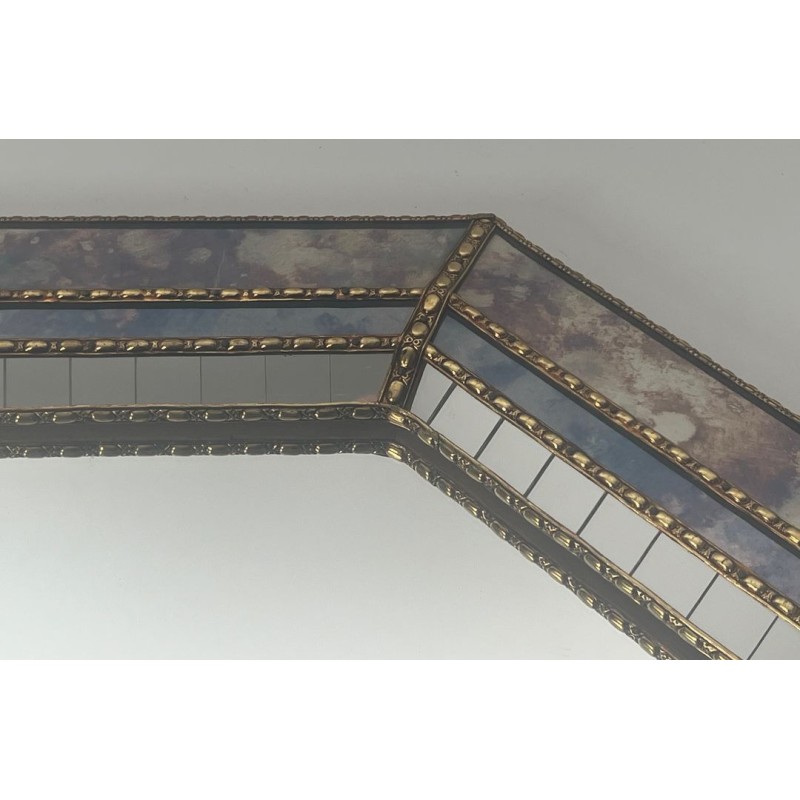 Large Multi-Faceted Mirror with Brass Chain Garland Borders — French Work, Circa 1970