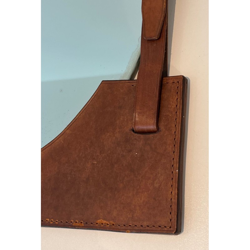 Leather and Brass Mirror Attributed to Jacques Adnet — French Work, Circa 1950