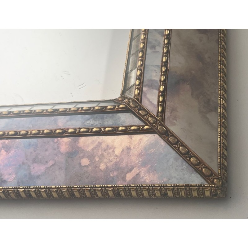 Large Multi-Faceted Mirror with Brass Chain Garland Borders — French Work, Circa 1970