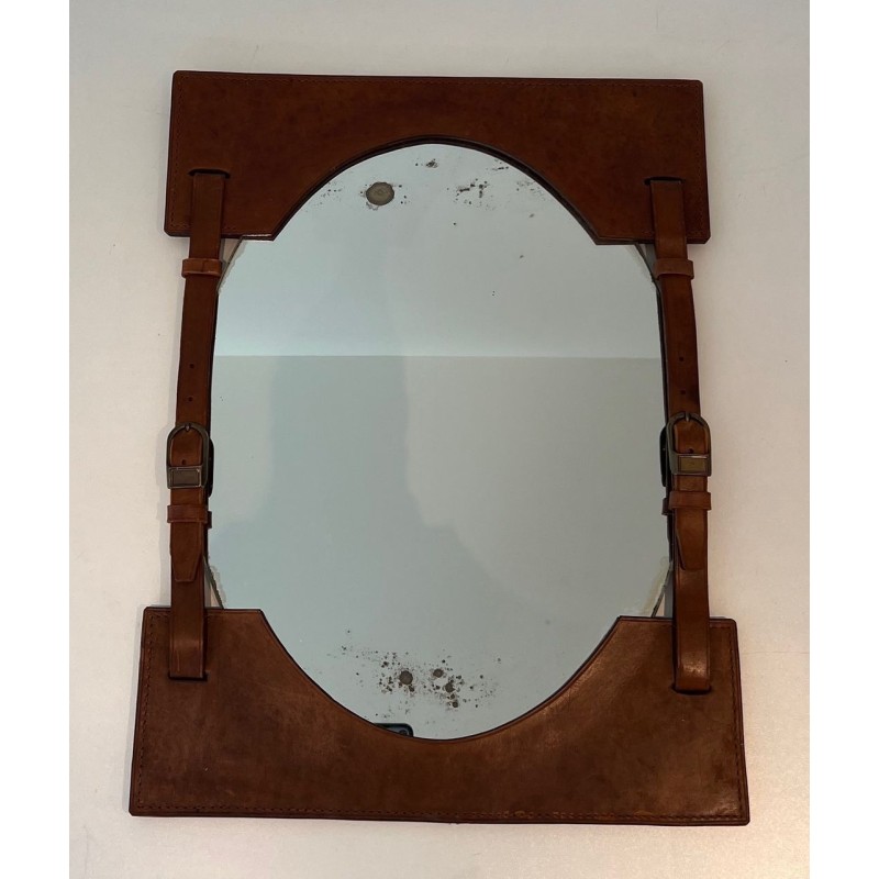 Miroir en Cuir et Laiton Attribué à Jacques Adnet — Travail Français, Vers 1950