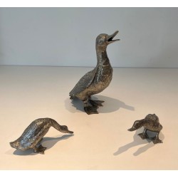 Set of Three Silvered Bronze Ducks — French Work, Circa 1970