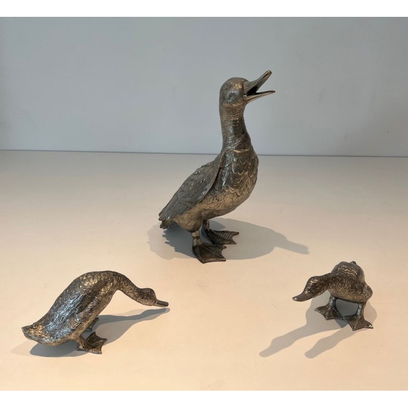 Set of Three Silvered Bronze Ducks — French Work, Circa 1970