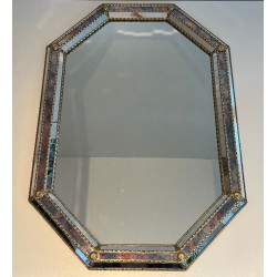 Octagonal Multi-Faceted Mirror with Brass Garland Mouldings — French Work, Circa 1970