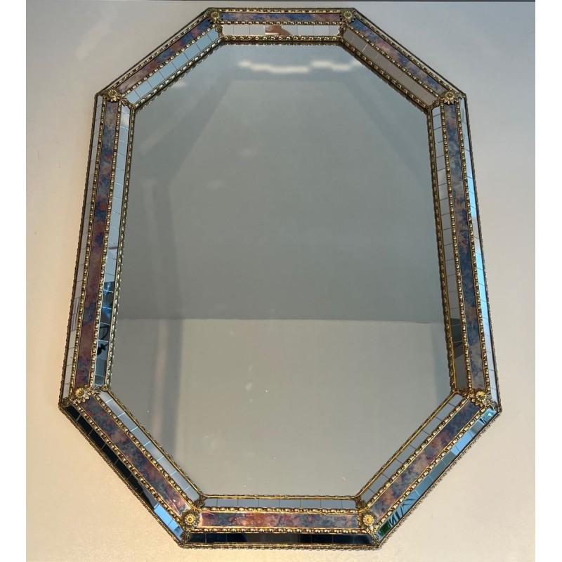 Octagonal Multi-Faceted Mirror with Brass Garland Mouldings — French Work, Circa 1970