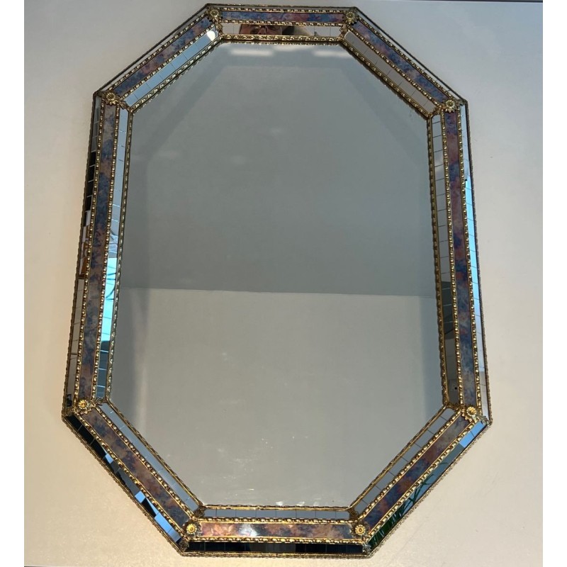 Octagonal Multi-Faceted Mirror with Brass Garland Mouldings — French Work, Circa 1970