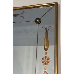 Grand Miroir Gravé de Décors Néoclassiques Dorés et Rouges — Travail Français, Vers 1970