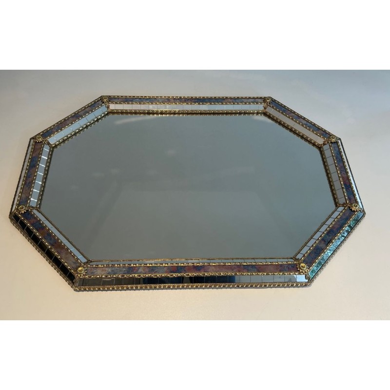 Octagonal Multi-Faceted Mirror with Brass Garland Mouldings — French Work, Circa 1970