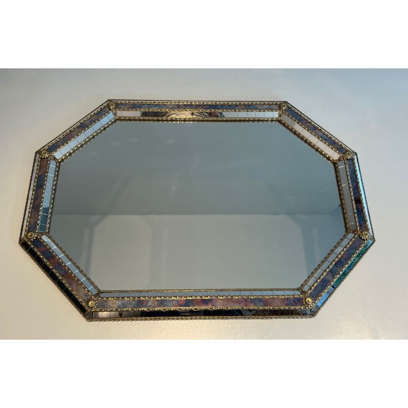 Octagonal Multi-Faceted Mirror with Brass Garland Mouldings — French Work, Circa 1970