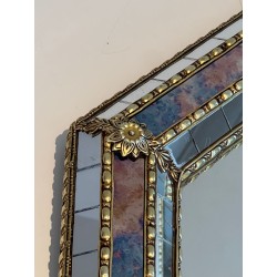 Octagonal Multi-Faceted Mirror with Brass Garland Mouldings — French Work, Circa 1970
