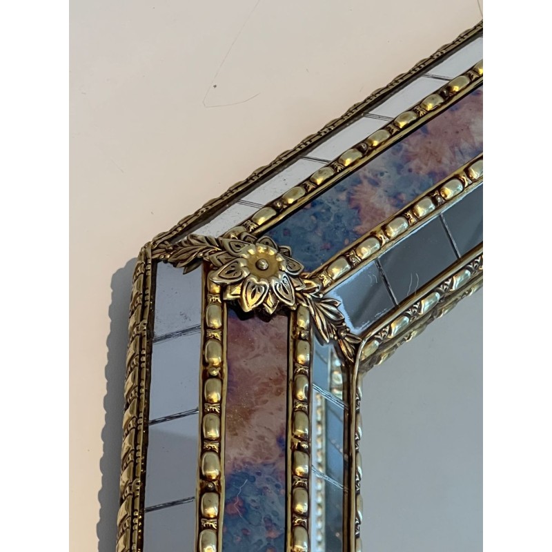 Octagonal Multi-Faceted Mirror with Brass Garland Mouldings — French Work, Circa 1970