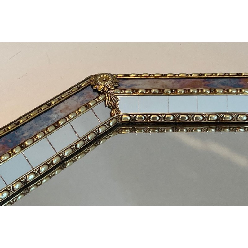 Octagonal Multi-Faceted Mirror with Brass Garland Mouldings — French Work, Circa 1970