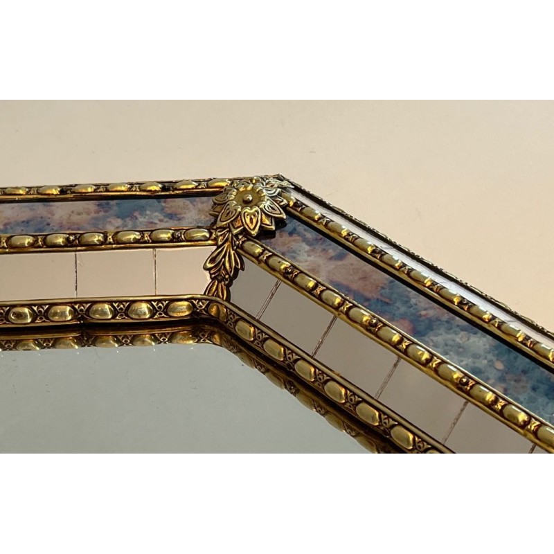 Octagonal Multi-Faceted Mirror with Brass Garland Mouldings — French Work, Circa 1970