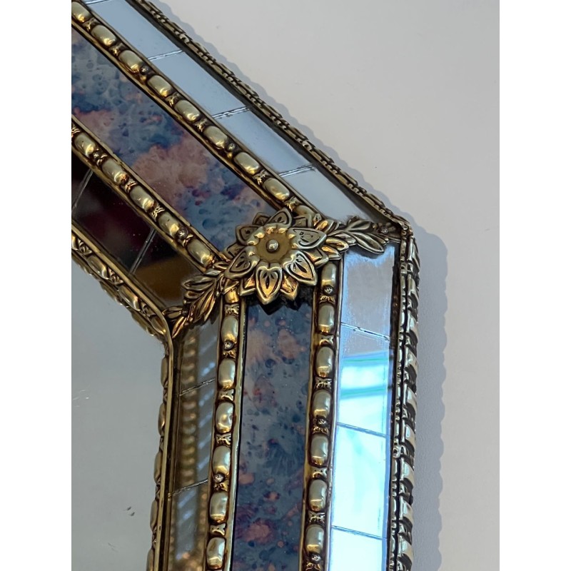Octagonal Multi-Faceted Mirror with Brass Garland Mouldings — French Work, Circa 1970