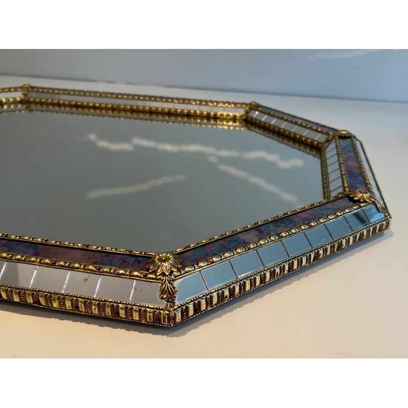 Octagonal Multi-Faceted Mirror with Brass Garland Mouldings — French Work, Circa 1970