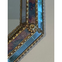 Octagonal Multi-Faceted Mirror with Brass Garland Mouldings — French Work, Circa 1970