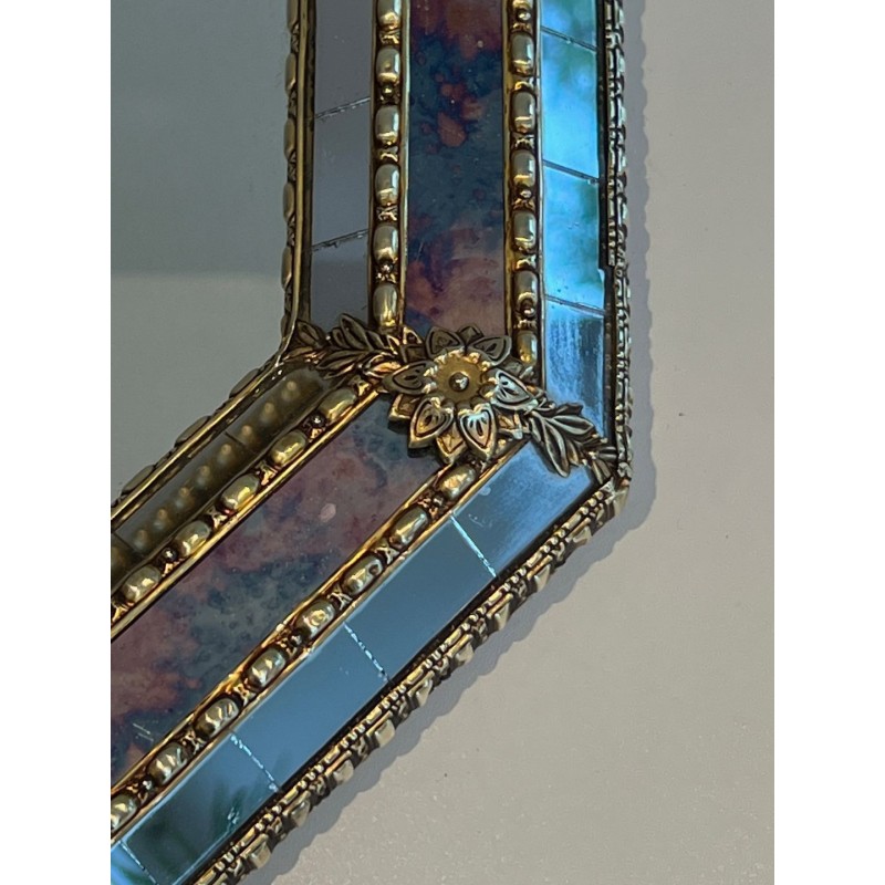 Octagonal Multi-Faceted Mirror with Brass Garland Mouldings — French Work, Circa 1970