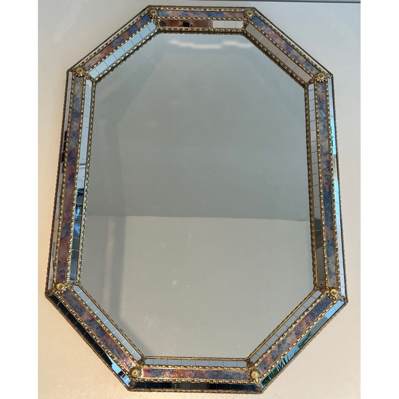 Miroir Octogonal à Facettes et Guirlandes de Laiton — Travail Français, Vers 1970