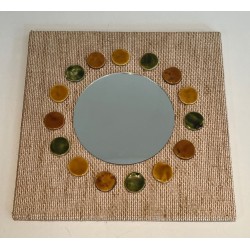 Square Raffia Mirror with Glazed Ceramic Roundel Surround