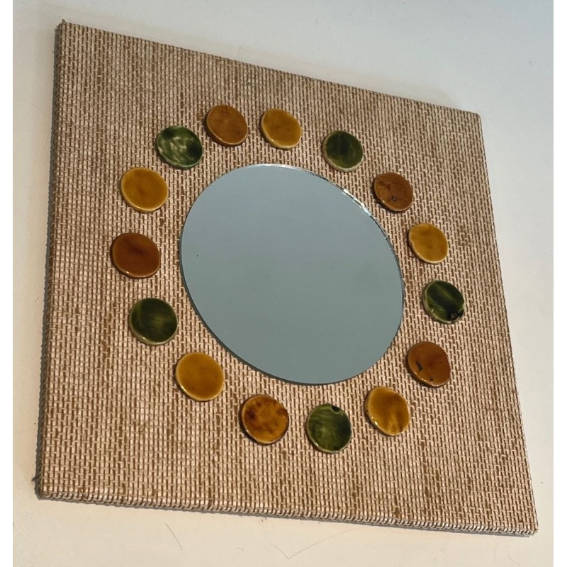 Square Raffia Mirror with Glazed Ceramic Roundel Surround