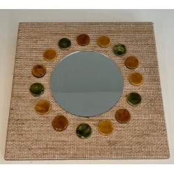 Miroir Carré en Raphia à Couronne de Disques en Céramique Vernissée