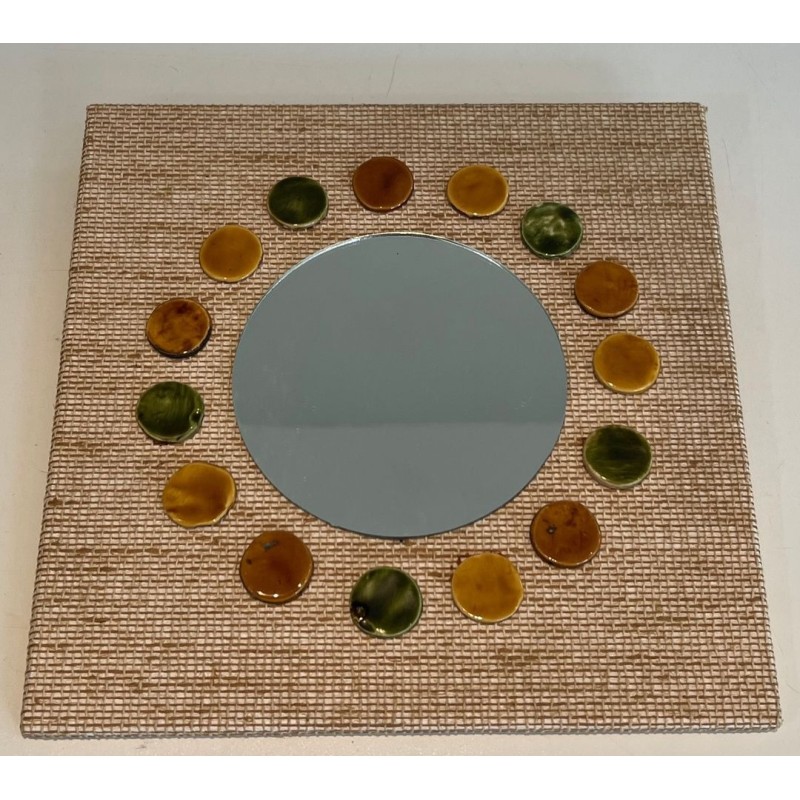 Square Raffia Mirror with Glazed Ceramic Roundel Surround